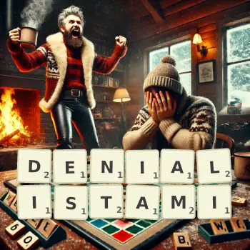 Kreatywna ilustracja do gry w Scrabble ze słowem DENIALISTAMI ułożonym z płytek na planszy.