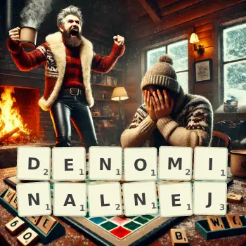 Kreatywna ilustracja do gry w Scrabble ze słowem DENOMINALNEJ ułożonym z płytek na planszy.