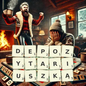 Kreatywna ilustracja do gry w Scrabble ze słowem DEPOZYTARIUSZKĄ ułożonym z płytek na planszy.