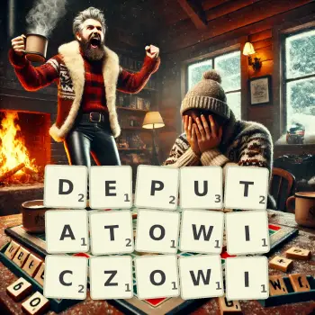 Kreatywna ilustracja do gry w Scrabble ze słowem DEPUTATOWICZOWI ułożonym z płytek na planszy.