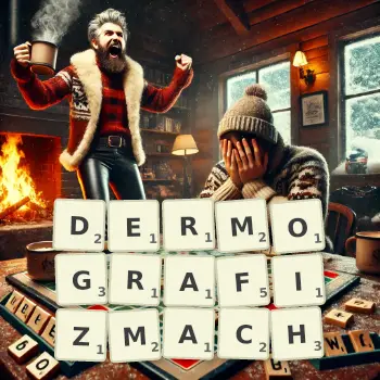 Kreatywna ilustracja do gry w Scrabble ze słowem DERMOGRAFIZMACH ułożonym z płytek na planszy.
