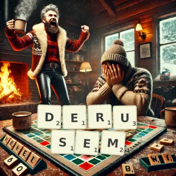 Kreatywna ilustracja do gry w Scrabble ze słowem DERUSEM ułożonym z płytek na planszy.