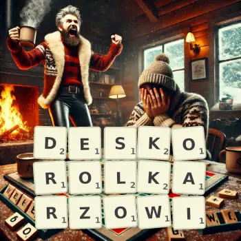 Kreatywna ilustracja do gry w Scrabble ze słowem DESKOROLKARZOWI ułożonym z płytek na planszy.