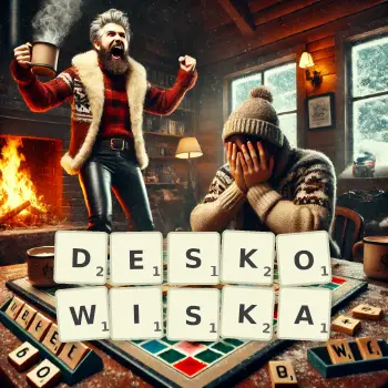 Kreatywna ilustracja do gry w Scrabble ze słowem DESKOWISKA ułożonym z płytek na planszy.