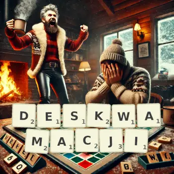 Kreatywna ilustracja do gry w Scrabble ze słowem DESKWAMACJI ułożonym z płytek na planszy.