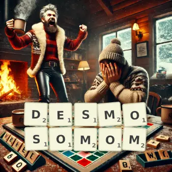 Kreatywna ilustracja do gry w Scrabble ze słowem DESMOSOMOM ułożonym z płytek na planszy.