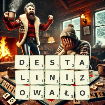 Kreatywna ilustracja do gry w Scrabble ze słowem DESTALINIZOWAŁO ułożonym z płytek na planszy.