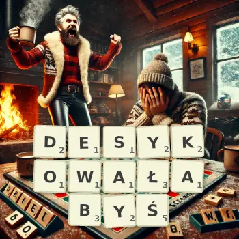 Kreatywna ilustracja do gry w Scrabble ze słowem DESYKOWAŁABYŚ ułożonym z płytek na planszy.