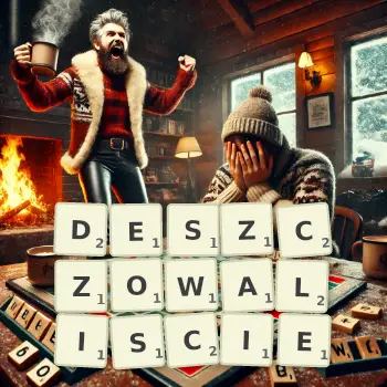 Kreatywna ilustracja do gry w Scrabble ze słowem DESZCZOWALISCIE ułożonym z płytek na planszy.