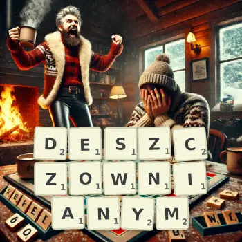 Kreatywna ilustracja do gry w Scrabble ze słowem DESZCZOWNIANYM ułożonym z płytek na planszy.