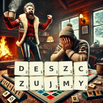 Kreatywna ilustracja do gry w Scrabble ze słowem DESZCZUJMY ułożonym z płytek na planszy.