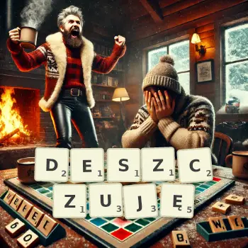 Kreatywna ilustracja do gry w Scrabble ze słowem DESZCZUJĘ ułożonym z płytek na planszy.