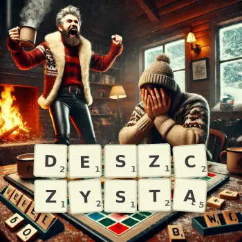 Kreatywna ilustracja do gry w Scrabble ze słowem DESZCZYSTĄ ułożonym z płytek na planszy.