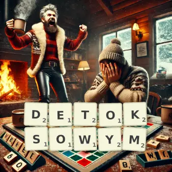 Kreatywna ilustracja do gry w Scrabble ze słowem DETOKSOWYM ułożonym z płytek na planszy.