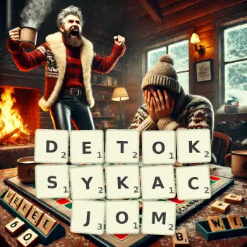 Kreatywna ilustracja do gry w Scrabble ze słowem DETOKSYKACJOM ułożonym z płytek na planszy.