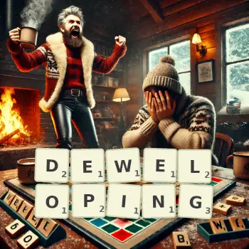 Kreatywna ilustracja do gry w Scrabble ze słowem DEWELOPING ułożonym z płytek na planszy.