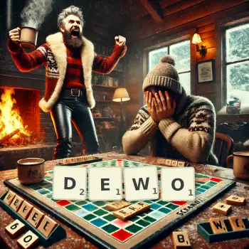 Kreatywna ilustracja do gry w Scrabble ze słowem DEWO ułożonym z płytek na planszy.