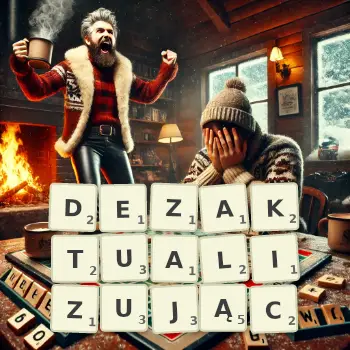 Kreatywna ilustracja do gry w Scrabble ze słowem DEZAKTUALIZUJĄC ułożonym z płytek na planszy.