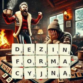 Kreatywna ilustracja do gry w Scrabble ze słowem DEZINFORMACYJNĄ ułożonym z płytek na planszy.