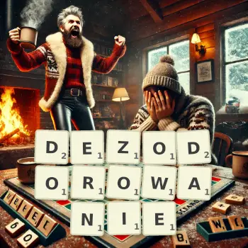 Kreatywna ilustracja do gry w Scrabble ze słowem DEZODOROWANIE ułożonym z płytek na planszy.