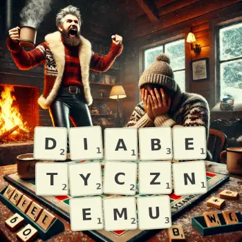 Kreatywna ilustracja do gry w Scrabble ze słowem DIABETYCZNEMU ułożonym z płytek na planszy.
