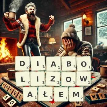 Kreatywna ilustracja do gry w Scrabble ze słowem DIABOLIZOWAŁEM ułożonym z płytek na planszy.