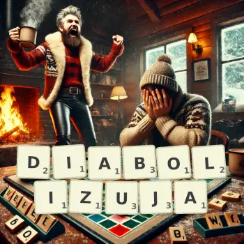 Kreatywna ilustracja do gry w Scrabble ze słowem DIABOLIZUJA ułożonym z płytek na planszy.