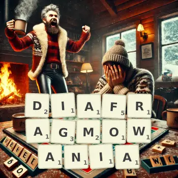 Kreatywna ilustracja do gry w Scrabble ze słowem DIAFRAGMOWANIA ułożonym z płytek na planszy.