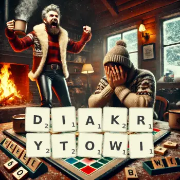 Kreatywna ilustracja do gry w Scrabble ze słowem DIAKRYTOWI ułożonym z płytek na planszy.