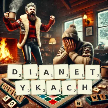 Kreatywna ilustracja do gry w Scrabble ze słowem DIANETYKACH ułożonym z płytek na planszy.