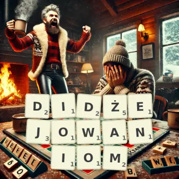 Kreatywna ilustracja do gry w Scrabble ze słowem DIDŻEJOWANIOM ułożonym z płytek na planszy.