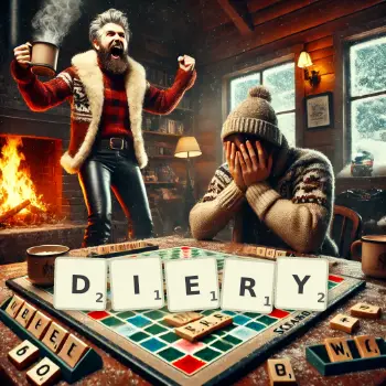 Kreatywna ilustracja do gry w Scrabble ze słowem DIERY ułożonym z płytek na planszy.