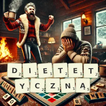 Kreatywna ilustracja do gry w Scrabble ze słowem DIETETYCZNĄ ułożonym z płytek na planszy.