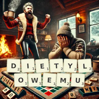 Kreatywna ilustracja do gry w Scrabble ze słowem DIETYLOWEMU ułożonym z płytek na planszy.