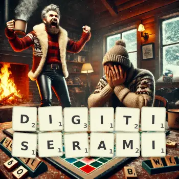 Kreatywna ilustracja do gry w Scrabble ze słowem DIGITISERAMI ułożonym z płytek na planszy.