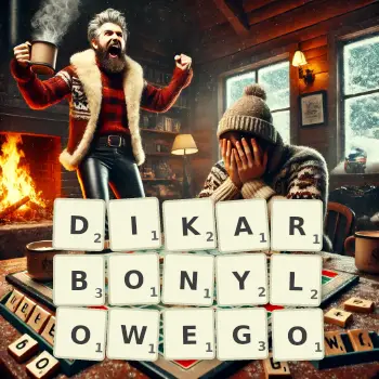 Kreatywna ilustracja do gry w Scrabble ze słowem DIKARBONYLOWEGO ułożonym z płytek na planszy.