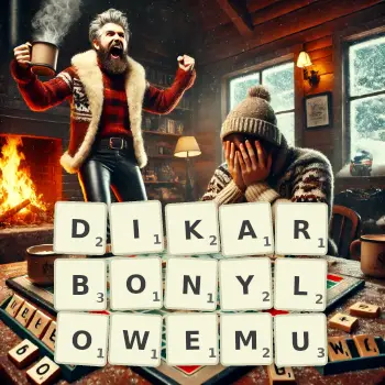 Kreatywna ilustracja do gry w Scrabble ze słowem DIKARBONYLOWEMU ułożonym z płytek na planszy.