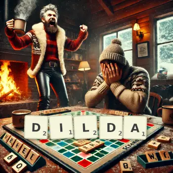 Kreatywna ilustracja do gry w Scrabble ze słowem DILDA ułożonym z płytek na planszy.
