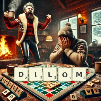 Kreatywna ilustracja do gry w Scrabble ze słowem DILOM ułożonym z płytek na planszy.
