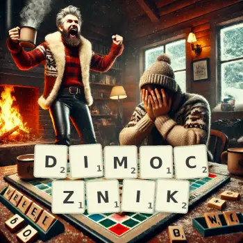 Kreatywna ilustracja do gry w Scrabble ze słowem DIMOCZNIK ułożonym z płytek na planszy.