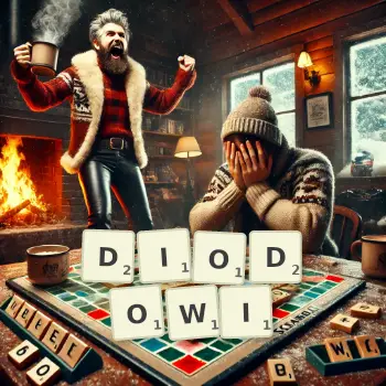 Kreatywna ilustracja do gry w Scrabble ze słowem DIODOWI ułożonym z płytek na planszy.