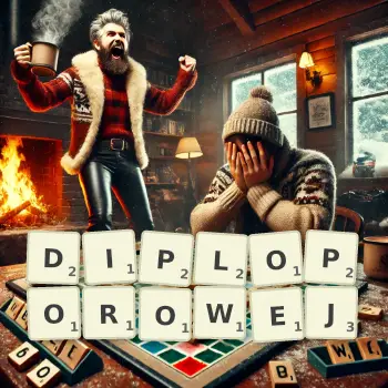 Kreatywna ilustracja do gry w Scrabble ze słowem DIPLOPOROWEJ ułożonym z płytek na planszy.