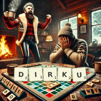 Kreatywna ilustracja do gry w Scrabble ze słowem DIRKU ułożonym z płytek na planszy.