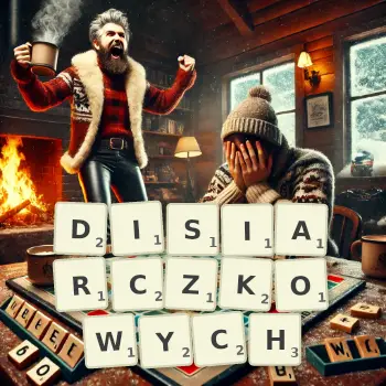 Kreatywna ilustracja do gry w Scrabble ze słowem DISIARCZKOWYCH ułożonym z płytek na planszy.