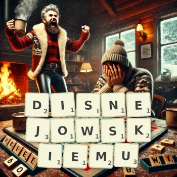Kreatywna ilustracja do gry w Scrabble ze słowem DISNEJOWSKIEMU ułożonym z płytek na planszy.