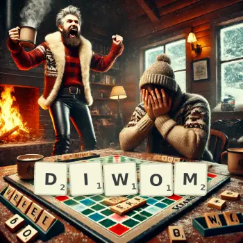 Kreatywna ilustracja do gry w Scrabble ze słowem DIWOM ułożonym z płytek na planszy.