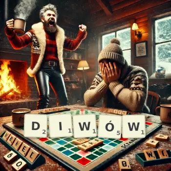 Kreatywna ilustracja do gry w Scrabble ze słowem DIWÓW ułożonym z płytek na planszy.