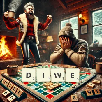 Kreatywna ilustracja do gry w Scrabble ze słowem DIWĘ ułożonym z płytek na planszy.