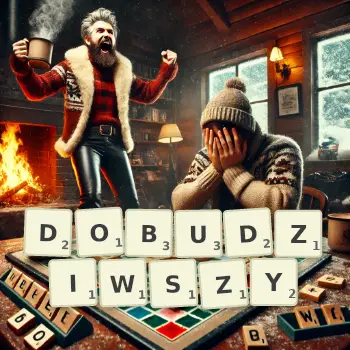 Kreatywna ilustracja do gry w Scrabble ze słowem DOBUDZIWSZY ułożonym z płytek na planszy.