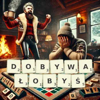 Kreatywna ilustracja do gry w Scrabble ze słowem DOBYWAŁOBYŚ ułożonym z płytek na planszy.